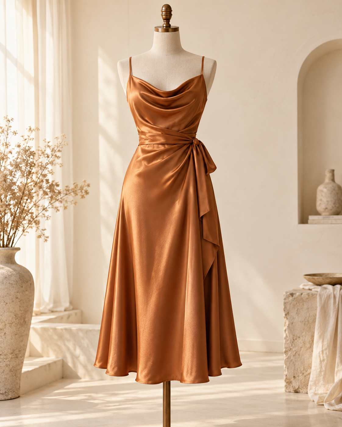 Butik koleksiyonundan tarçın tonunda saten elbise